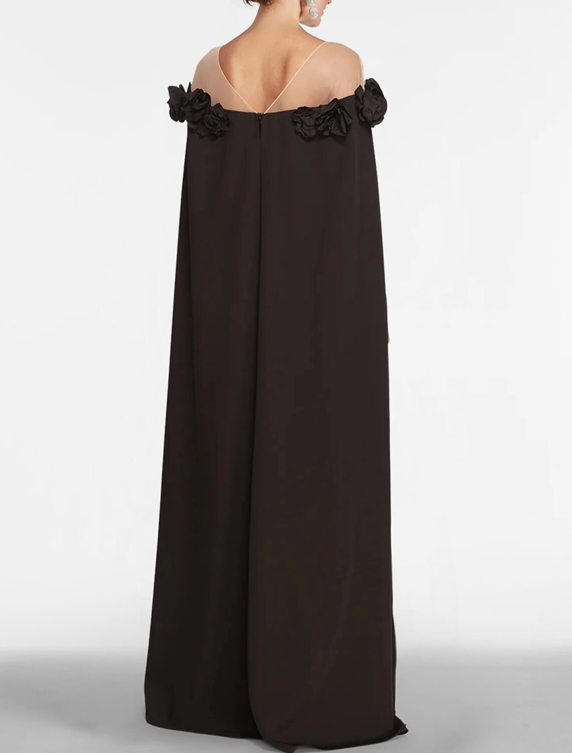 Abito da sera a trapezio, abito nero, abito floreale, ballo di fine anno, lunghezza al pavimento, senza maniche, spalle scoperte, mantelle in chiffon con scialle